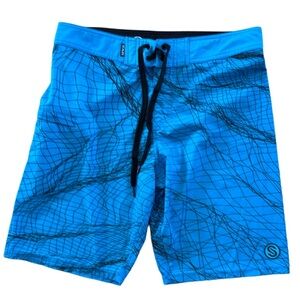 SCALES MENS BOARDSHORTS UNISEX SIZE 30 BLACK BLUE NETTING DESIGN